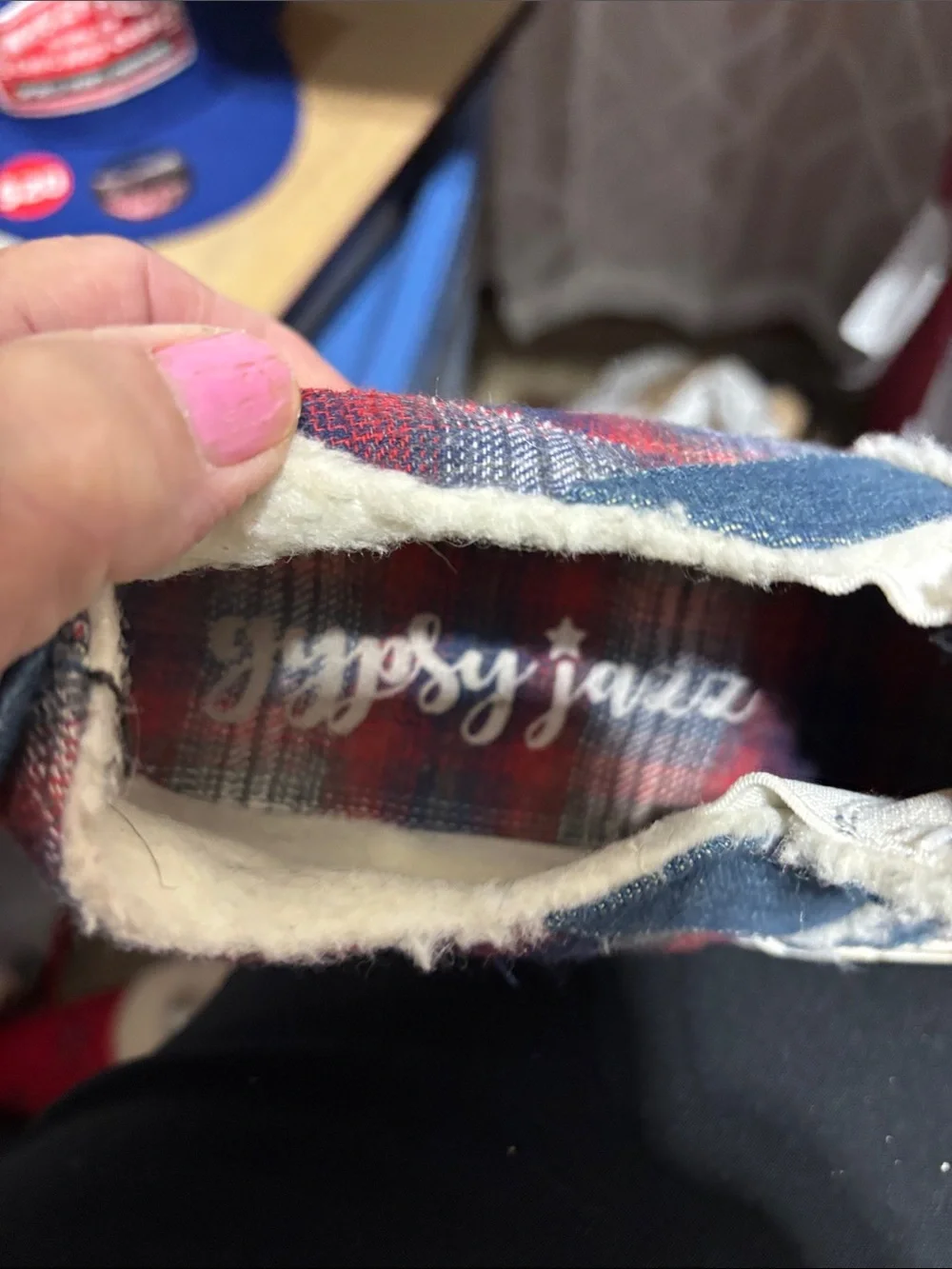 Gypsy Jazz ladies 8 Plaid Slip-On Sneakers in Red & Blue